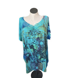 Avenue Teal Blue Butterfly Short Sleeve Tee Plus Size 26/28